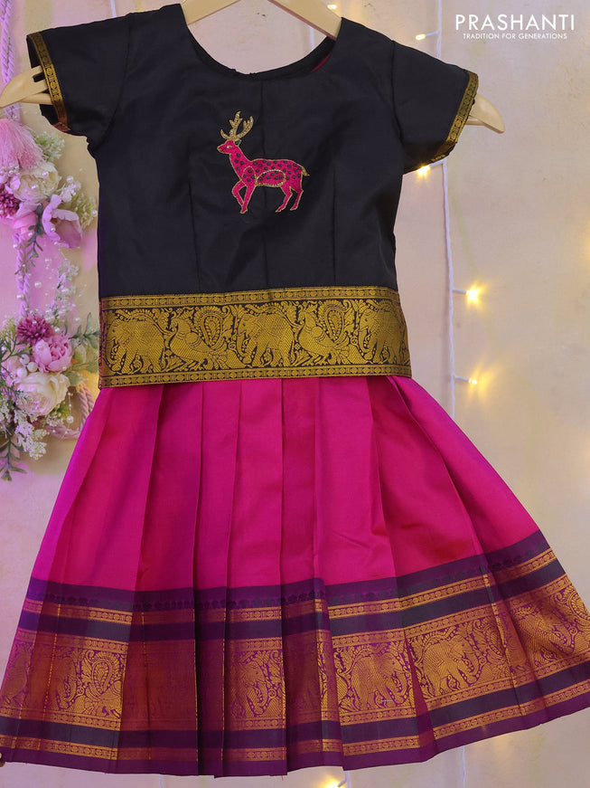 Silk kids lehenga black and pink with embroidery work butta neck style and thread woven border for 0-1 years