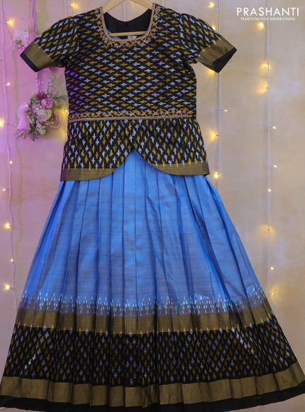 Silk kids lehenga black and light blue with aari work neck pattern & ikat weaves and zari woven border for 8-9 years