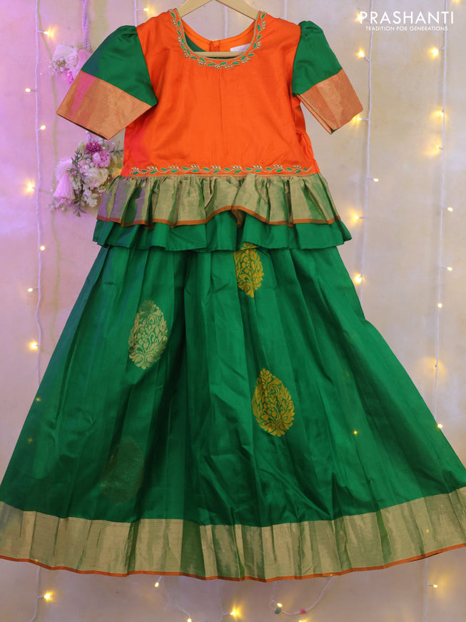 Silk kids lehenga orange and green with aari work neck pattern & puff sleeve and zari buttas & zari border for 6-7 years