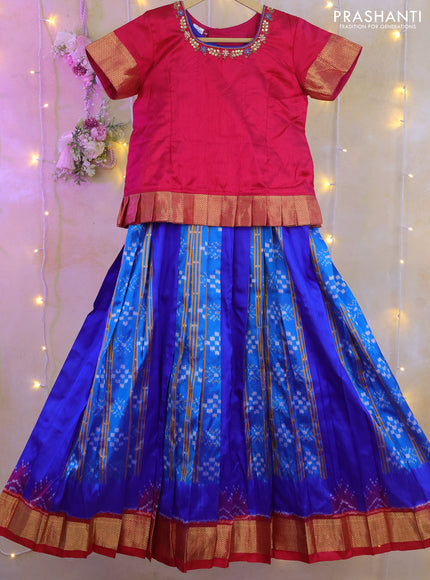 Silk kids lehenga pink and blue with aari work neck pattern and ikat weaves & zari border for 8-9 years