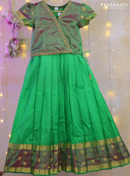 Silk kids lehenga dual shade of pinkish green and light green with aari work neck pattern and zari woven border for 8-9 years