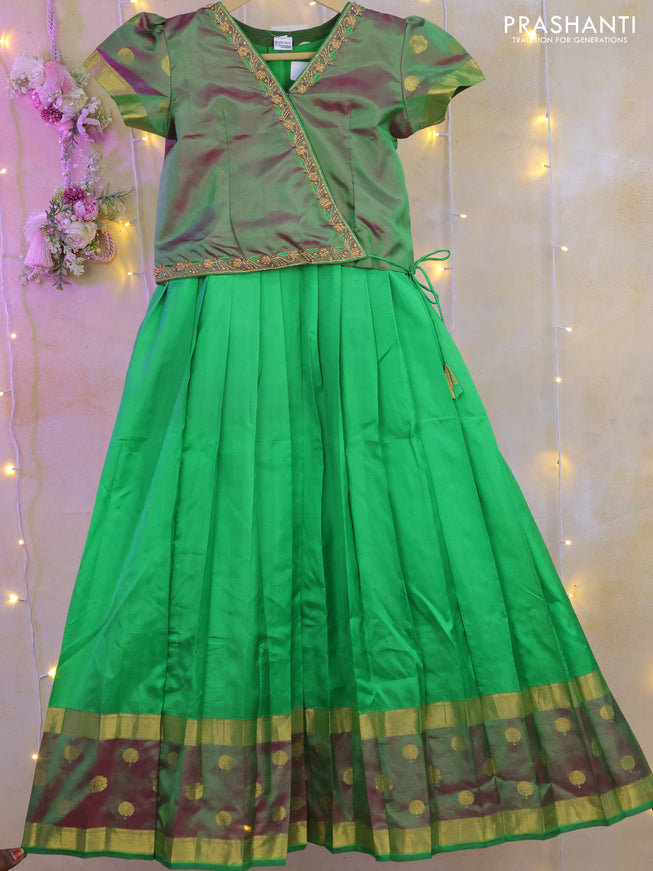 Silk kids lehenga dual shade of pinkish green and light green with aari work neck pattern and zari woven border for 8-9 years