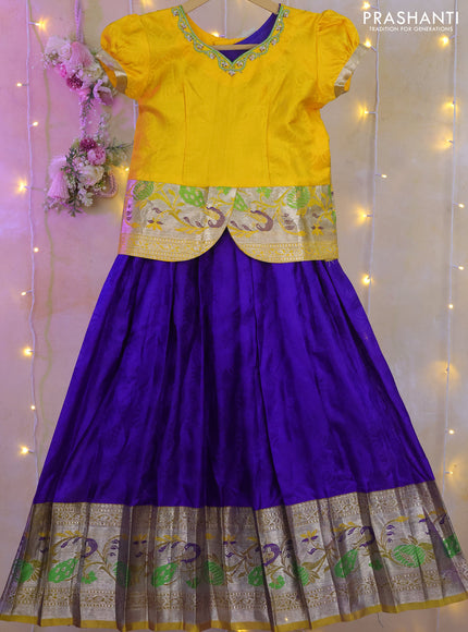 Silk kids lehenga yellow and blue with aari work neck pattern and long silver zari woven border for 7-8 years