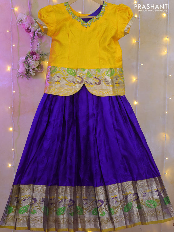 Silk kids lehenga yellow and blue with aari work neck pattern and long silver zari woven border for 7-8 years