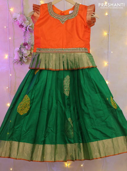 Silk kids lehenga orange and green with aari work neck pattern and zari woven border for 5-6 years