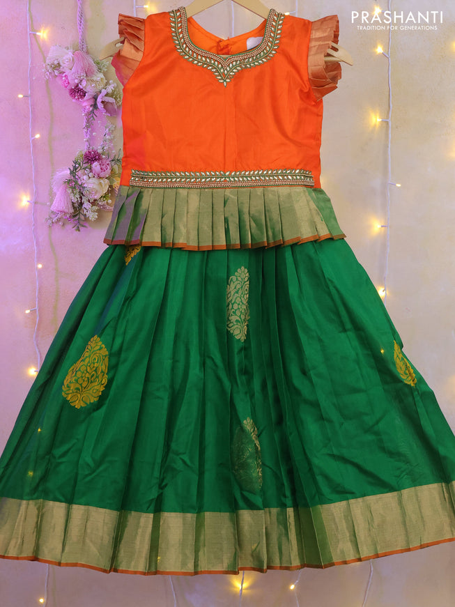 Silk kids lehenga orange and green with aari work neck pattern and zari woven border for 5-6 years