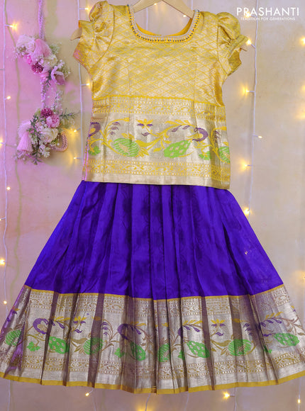 Silk kids lehenga yellow and blue with silver zari woven brocade weaves & aari work neck pattern and zari woven border for 5-6 years