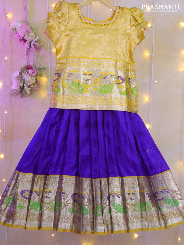 Silk kids lehenga yellow and blue with silver zari woven brocade weaves & aari work neck pattern and zari woven border for 5-6 years