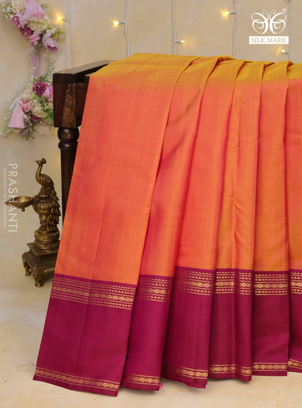 Pure kanchipuram silk saree dual shade of pinkish orange and magenta pink with plain body and rettapet long zari woven border