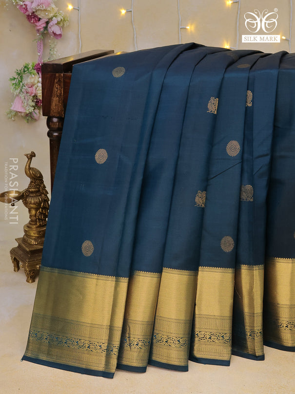 Pure kanchipuram silk saree peacock green and pink with plain body and long zari woven border