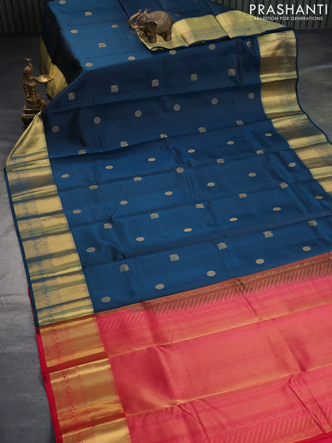 Pure kanchipuram silk saree peacock green and pink with plain body and long zari woven border