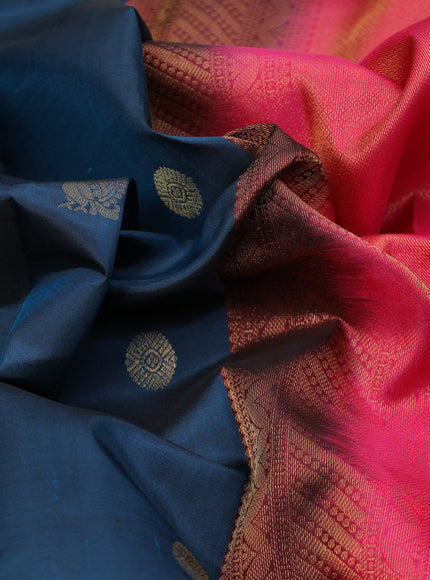 Pure kanchipuram silk saree peacock green and pink with plain body and long zari woven border