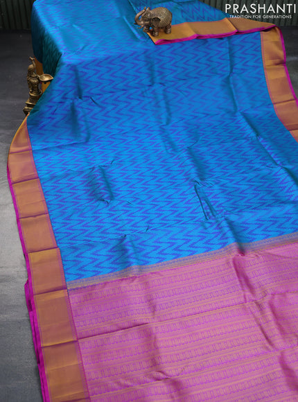 Pure kanchipuram silk saree blue and purple with allover self emboss and zari woven border