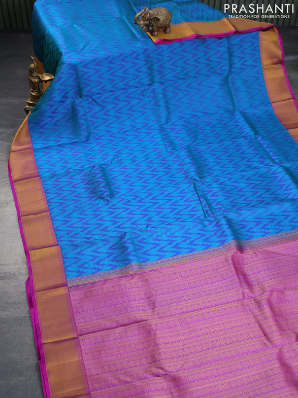 Pure kanchipuram silk saree blue and purple with allover self emboss and zari woven border