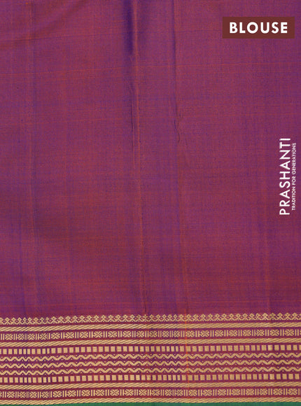 Pure kanchipuram silk saree dual shade of bluish green and dual shade of orange with plain body and zari woven border