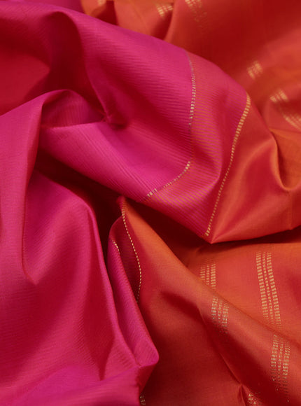 Pure kanchipuram silk saree pink and orange with plain body and zari woven border