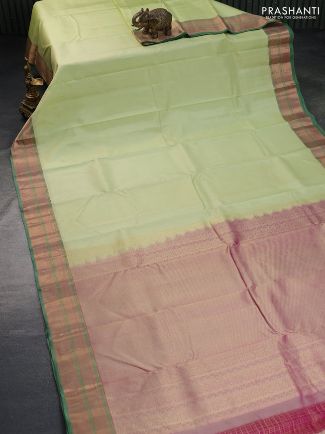 Pure kanchipuram silk saree pista green and dual shade of pink with plain body and zari woven border