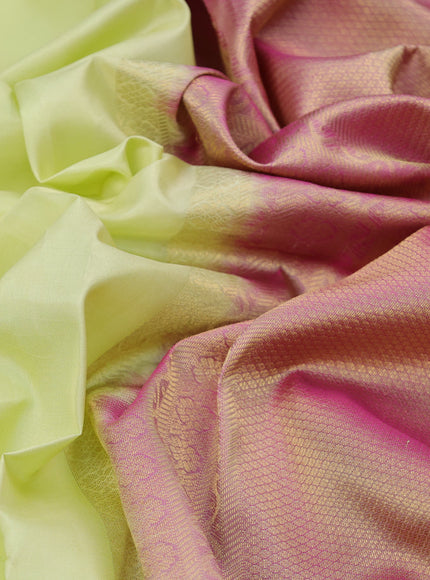 Pure kanchipuram silk saree pista green and dual shade of pink with plain body and zari woven border