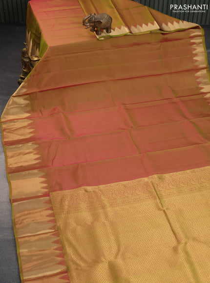 Pure kanchipuram silk saree dual shade of pinkish green with plain body and temple design zari woven border