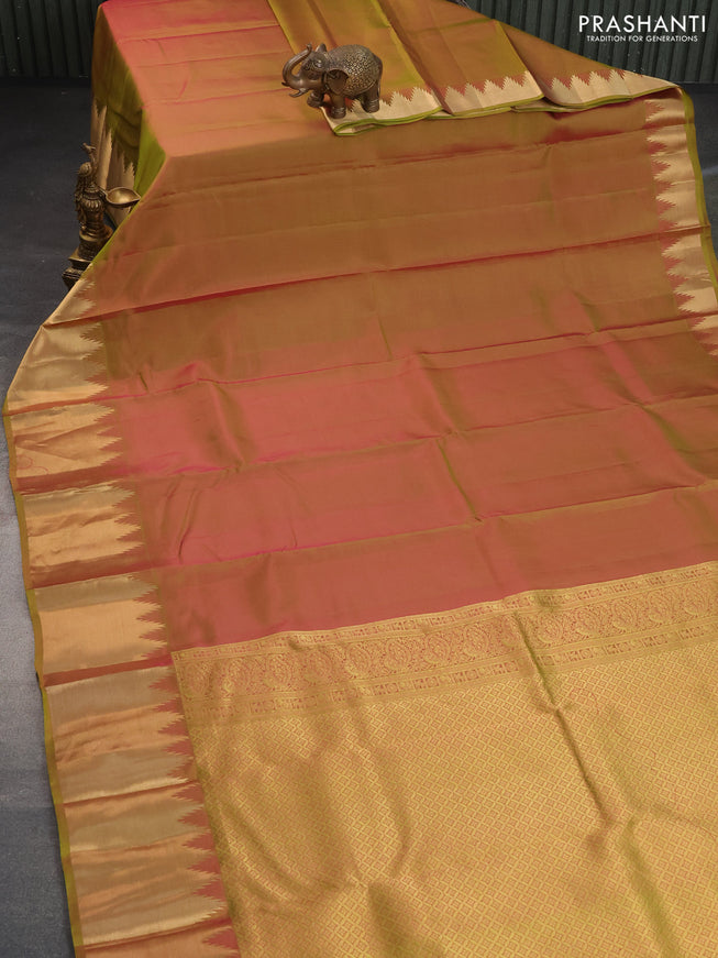 Pure kanchipuram silk saree dual shade of pinkish green with plain body and temple design zari woven border