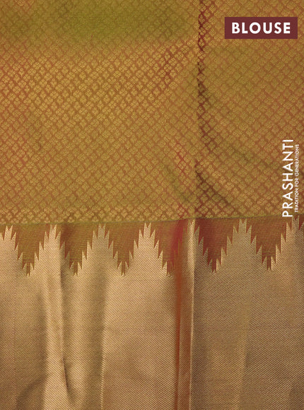 Pure kanchipuram silk saree dual shade of pinkish green with plain body and temple design zari woven border