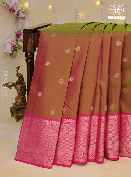 Pure kanchipuram silk saree dual shade of pinkish green and pink with zari woven buttas and zari woven border