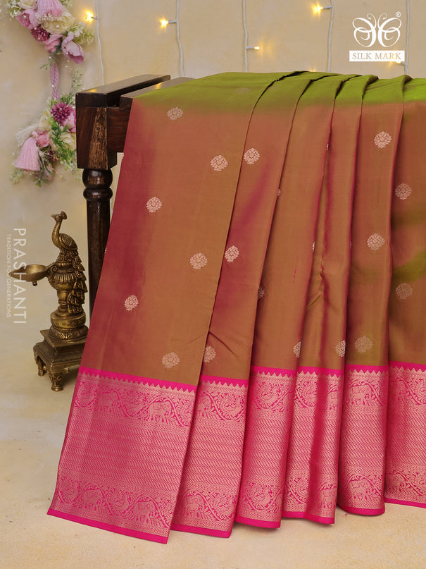 Pure kanchipuram silk saree dual shade of pinkish green and pink with zari woven buttas and zari woven border