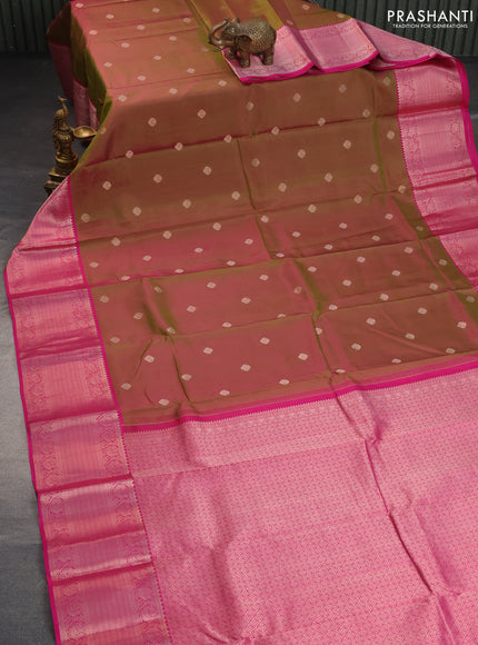 Pure kanchipuram silk saree dual shade of pinkish green and pink with zari woven buttas and zari woven border