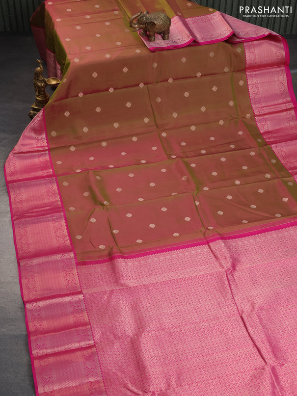 Pure kanchipuram silk saree dual shade of pinkish green and pink with zari woven buttas and zari woven border