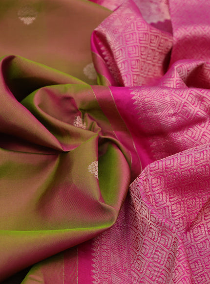 Pure kanchipuram silk saree dual shade of pinkish green and pink with zari woven buttas and zari woven border