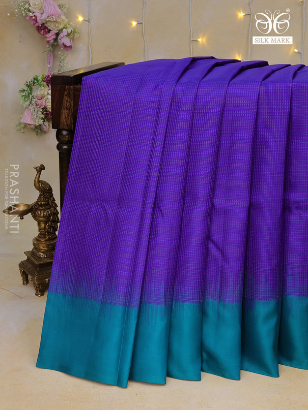 Pure kanchipuram silk saree royal blue and teal blue with allover zari weaves and simple border