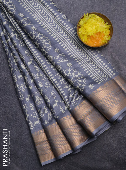 Semi dola saree grey with allover warli prints and zari woven border