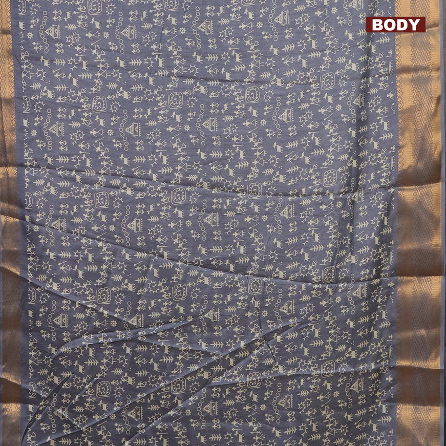 Semi dola saree grey with allover warli prints and zari woven border