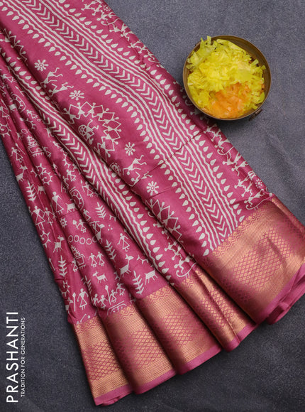 Semi dola saree pink with allover warli prints and zari woven border