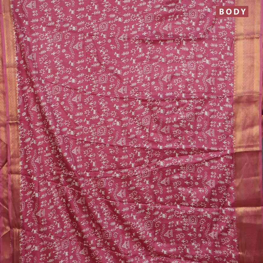 Semi dola saree pink with allover warli prints and zari woven border