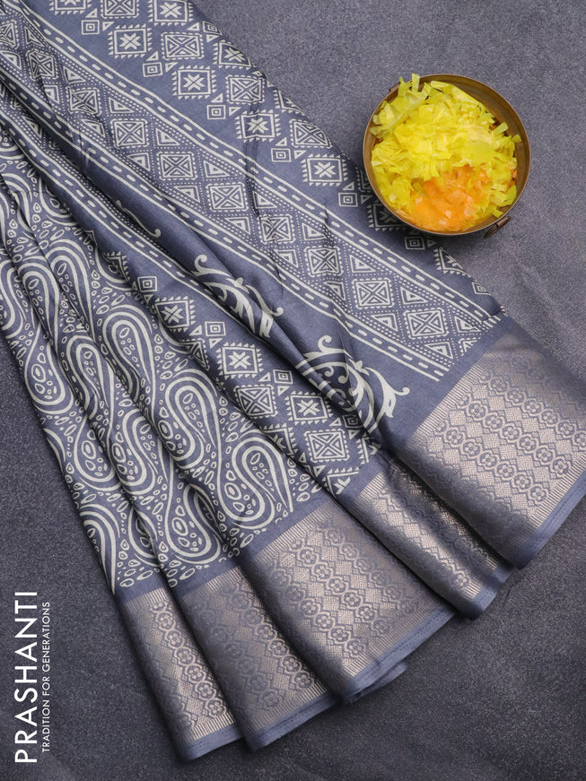 Semi dola saree grey with allover prints and zari woven border