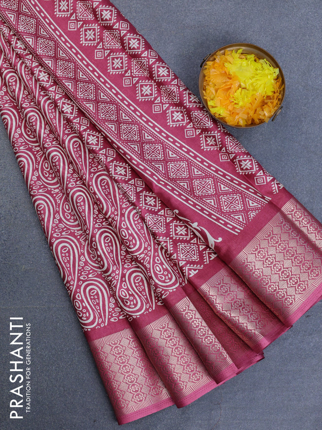 Semi dola saree onion pink with allover prints and zari woven border