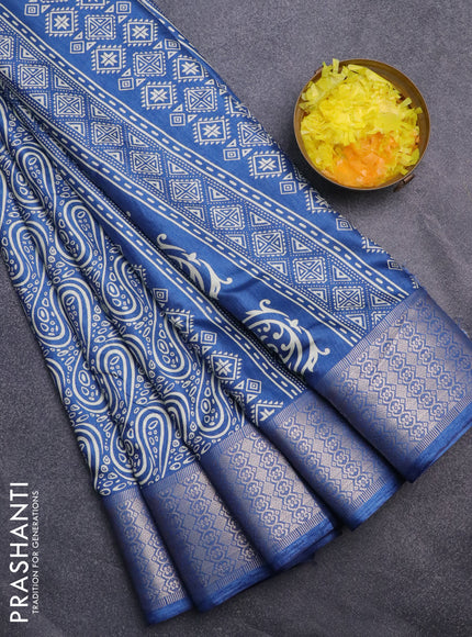 Semi dola saree blue with allover prints and zari woven border