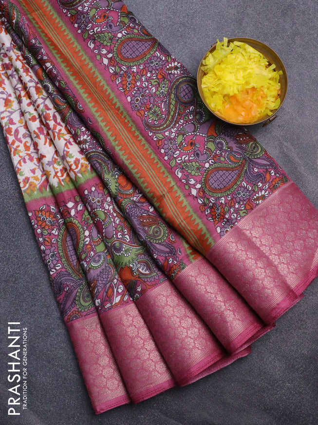 Semi dola saree off white and mauve pink with allover prints and long kalamkari printed zari border