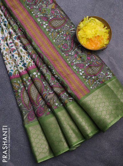 Semi dola saree off white and green with allover prints and long kalamkari printed zari border