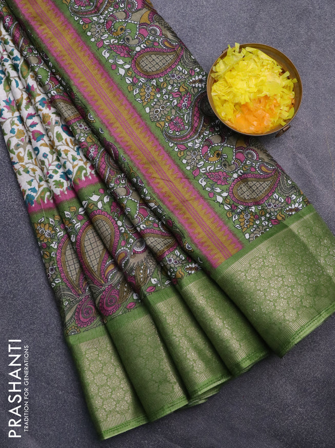 Semi dola saree off white and green with allover prints and long kalamkari printed zari border