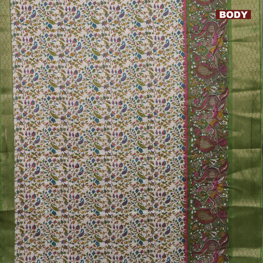 Semi dola saree off white and green with allover prints and long kalamkari printed zari border