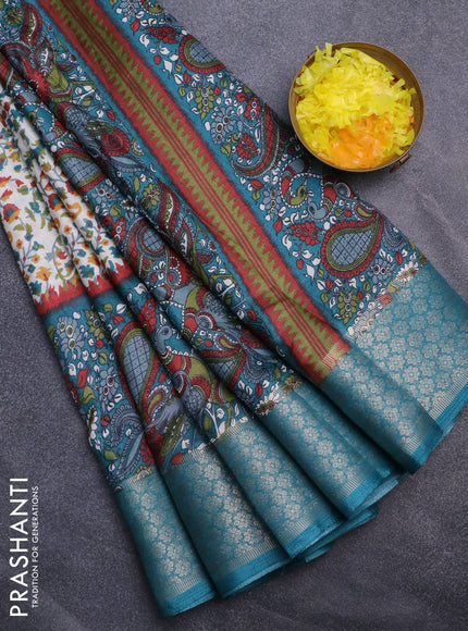 Semi dola saree off white and peacock green with allover prints and long kalamkari printed zari border