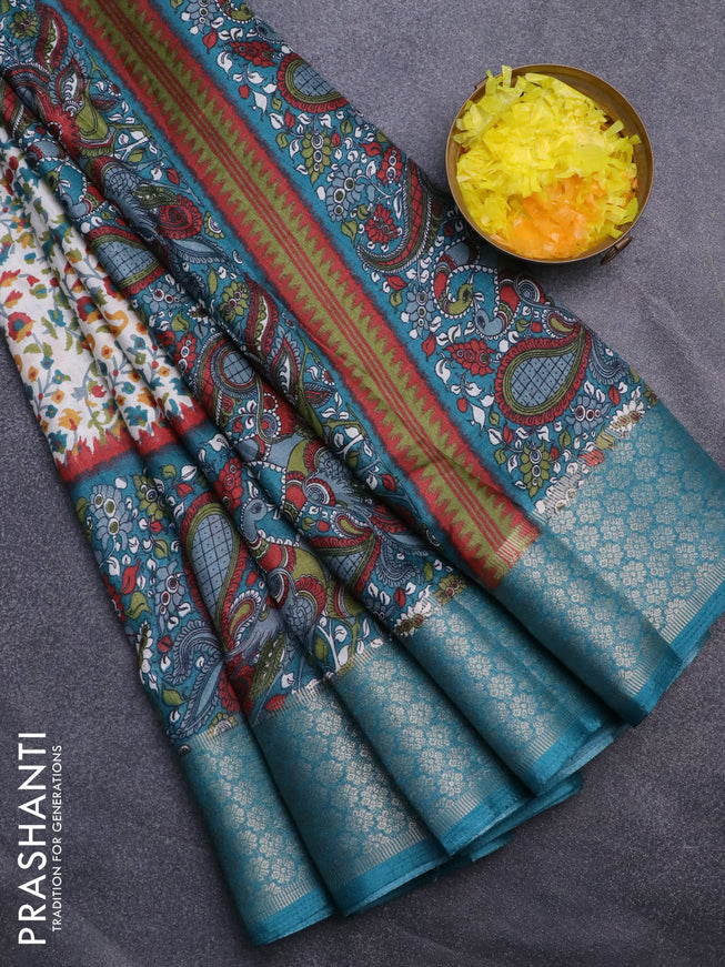 Semi dola saree off white and peacock green with allover prints and long kalamkari printed zari border