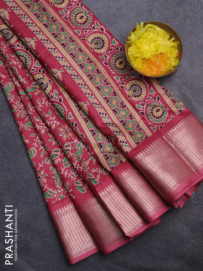 Semi dola saree onion pink with allover prints and zari woven border