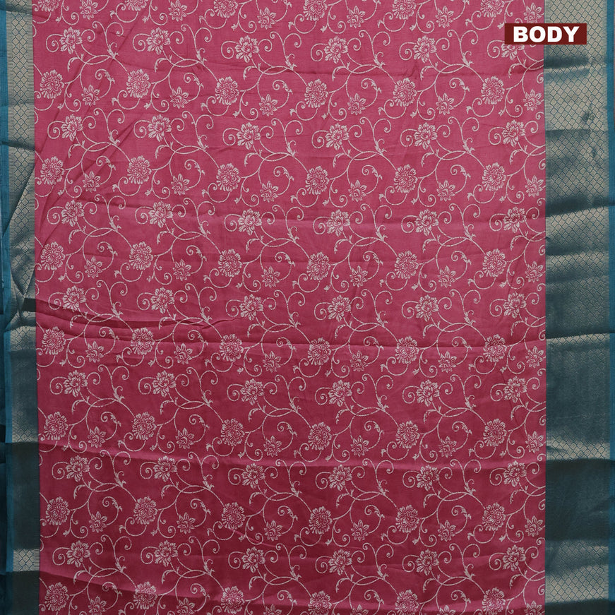 Semi dola saree mauve pink and peacock green with allover floral prints and zari woven border