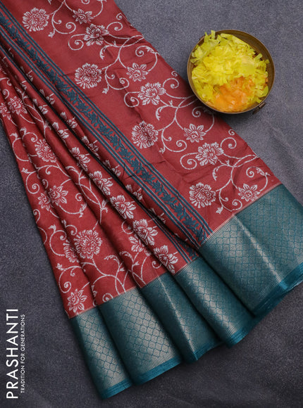 Semi dola saree pastel maroon and peacock green with allover floral prints and zari woven border