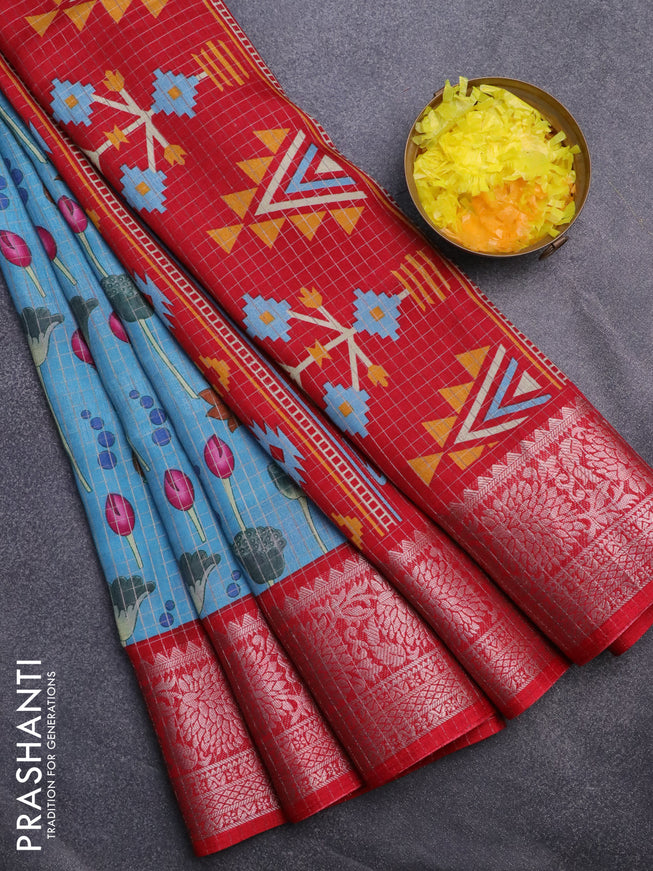 Semi dola saree blue and red with allover silver zari checks & pichwai prints and silver zari woven border