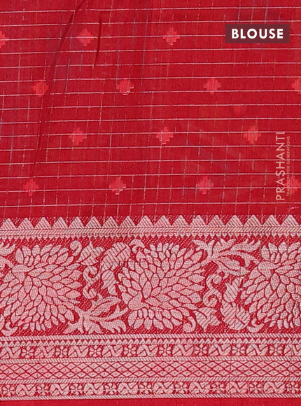 Semi dola saree blue and red with allover silver zari checks & pichwai prints and silver zari woven border