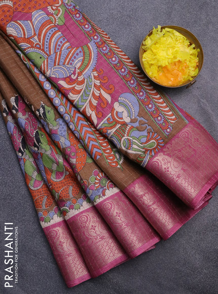 Semi dola saree brown shade and mauve pink with allover silver zari checks & butta prints and long kalamkari printed zari border